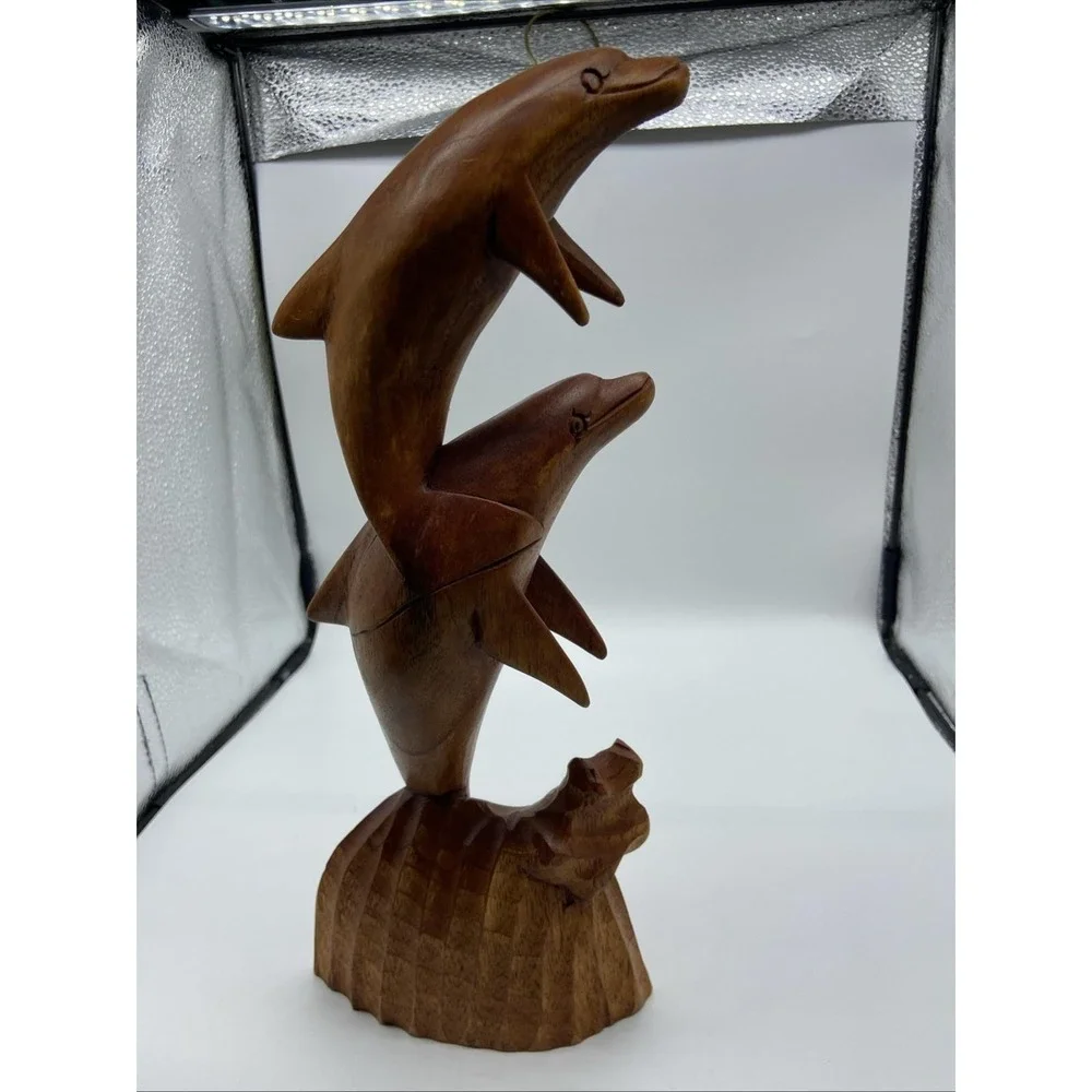 Vintage Hand Carved Wood Dolphin Sculpture Double Leaping Dolphin Nautical Decor